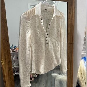 Free People Cozy Cadet Floral Flower Lace Crochet Collared Button Front Shirt